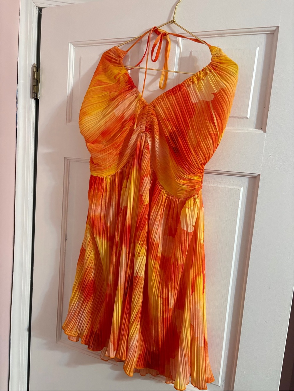 SHEIN Pleated Halter Mini Dress - Orange & Yellow